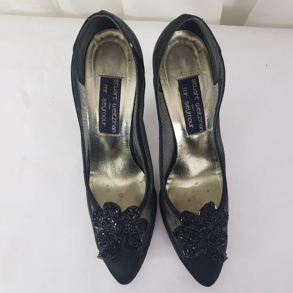 Vintage Stuart Weitzman for Mr. Seymour black satin mesh beaded pumps 8.5